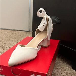 Fresh Cream Women's Heels with Ribbon and Pearl Detail